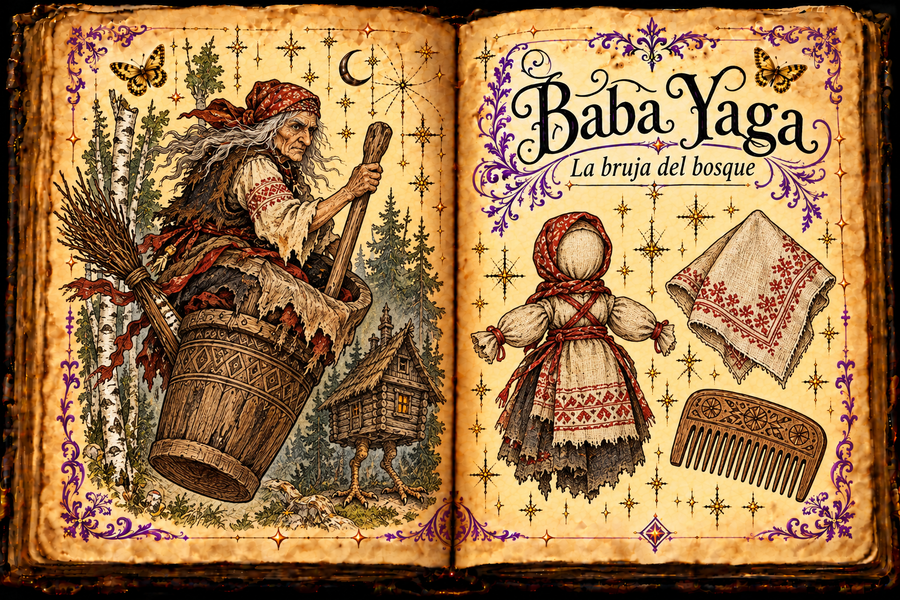 Open aged grimoire showing Baba Yaga in a wooden mortar with pestle and broom, a hut on chicken legs, and small cloth-doll studies, with English and Spanish titles.