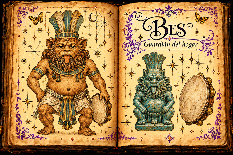 Parchment grimoire illustration of Bes with lion-like features and a plumed headdress, beside a blue-green amulet and drum, with purple flourishes and gold butterflies.