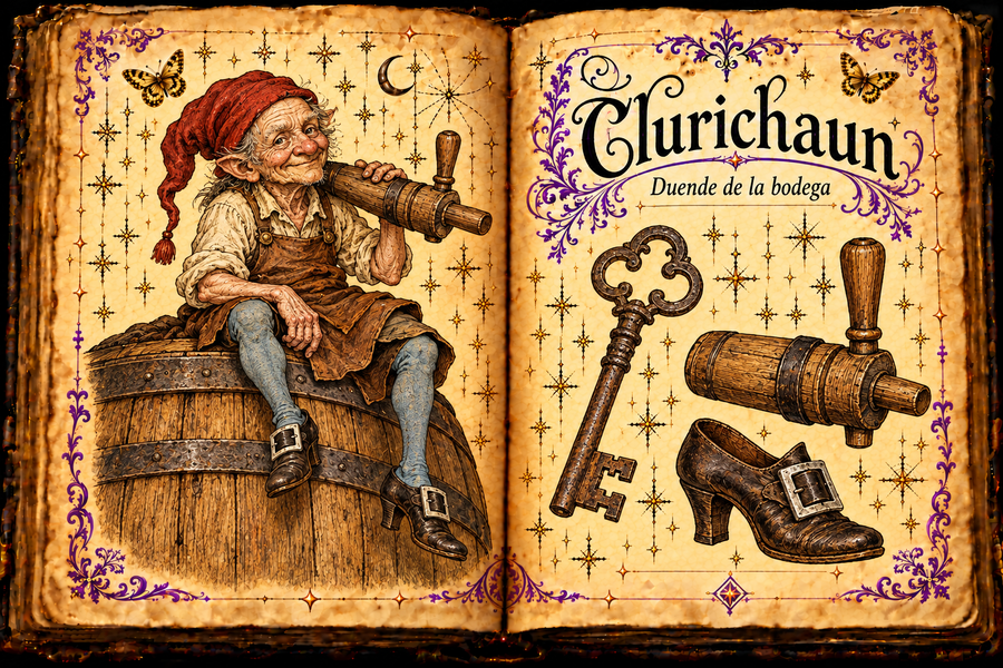Open parchment grimoire with a tiny red-capped clurichaun on a wooden barrel, wearing a leather apron and blue stockings, with key and spigot studies.