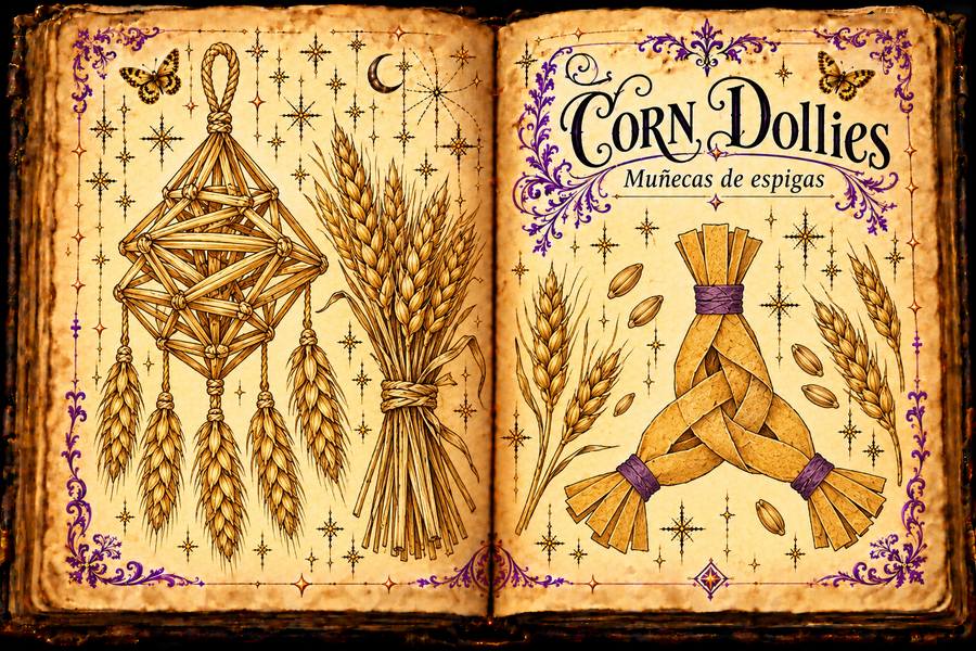 Open parchment grimoire with a woven straw harvest ornament, wheat sheaf and paper plait; English Corn Dollies and Spanish Muñecas de espigas titles, purple flourishes and gold butterflies.