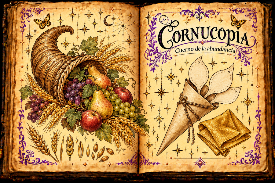 Open aged grimoire with a horn-shaped basket of fruit and grain beside a paper cone holding three paper leaves, titled Cornucopia and Cuerno de la abundancia.