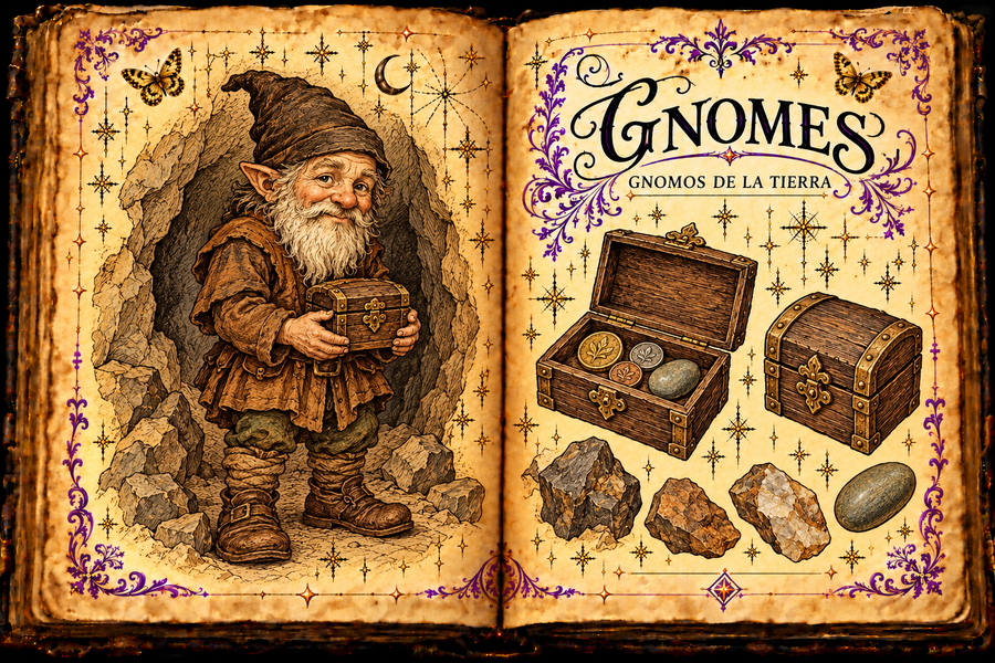 Open parchment grimoire showing an imagined gnome with a wooden chest in a rocky cavern, with coins and stones, titled Gnomes / Gnomos de la tierra.