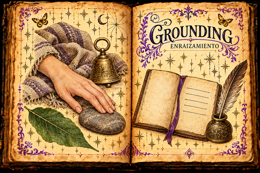 Open aged-parchment grimoire titled Grounding and Enraizamiento, with a resting hand, stone, cloth, brass bell, leaf, journal, quill, purple flourishes and gold butterflies.