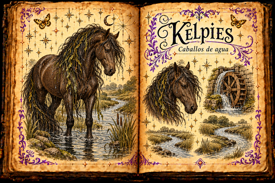 Open aged-parchment grimoire showing a dark water-horse, river and mill-wheel studies, purple flourishes and gold butterflies, titled Kelpies / Caballos de agua.