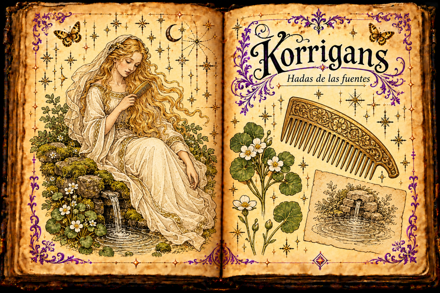 Open aged grimoire showing a long-haired Breton spring fairy holding a golden comb, with fountain and comb studies, titled Korrigans / Hadas de las fuentes.