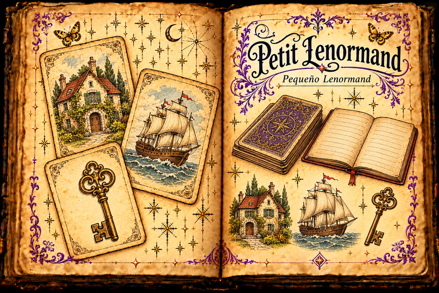 Open aged-parchment grimoire with house, ship and key study cards, a notebook, purple flourishes and gold butterflies, titled Petit Lenormand / Pequeño Lenormand.