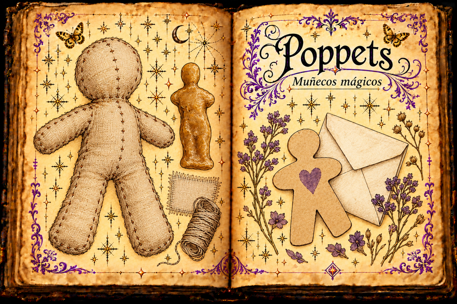Aged open grimoire with a stitched cloth poppet, wax figure, purple-heart paper figure, envelope and decorative flowers, titled Poppets and Muñecos mágicos.