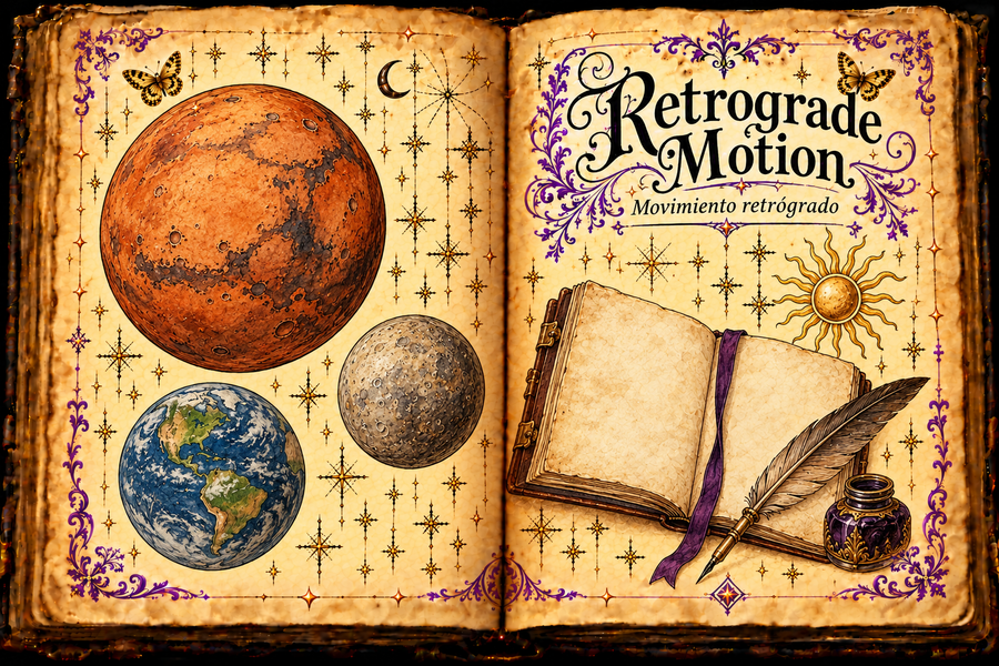 Open aged-parchment grimoire titled Retrograde Motion and Movimiento retrógrado, with decorative ink-and-watercolor studies of Mars, Mercury and Earth, a notebook with purple ribbon, quill, inkpot, gold sun, purple flourishes and small gold butterflies.