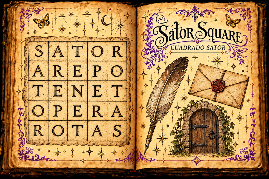 Open aged grimoire showing the five-by-five Sator letter square, writing tools, a closed envelope, and a doorway study, with English and Spanish titles.