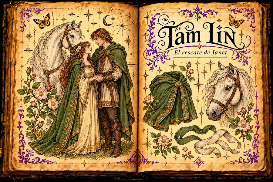 Open parchment grimoire titled Tam Lin / El rescate de Janet, showing Janet and Tam Lin joining hands beside a white horse, with a green mantle and loose ribbons.