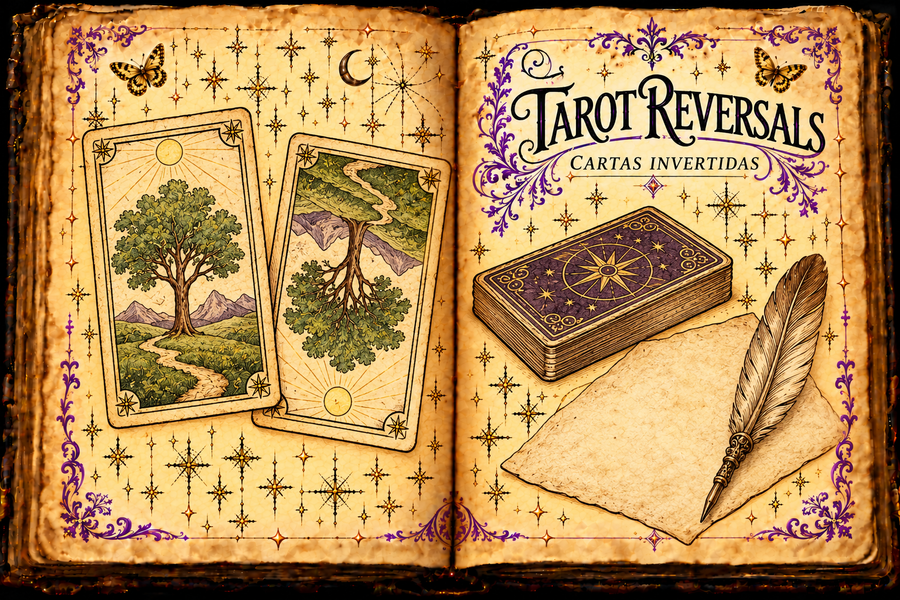 Open aged-parchment grimoire titled Tarot Reversals / Cartas invertidas, with upright and inverted tree-illustrated cards, a purple-backed deck, quill and blank paper, purple flourishes and gold butterflies.