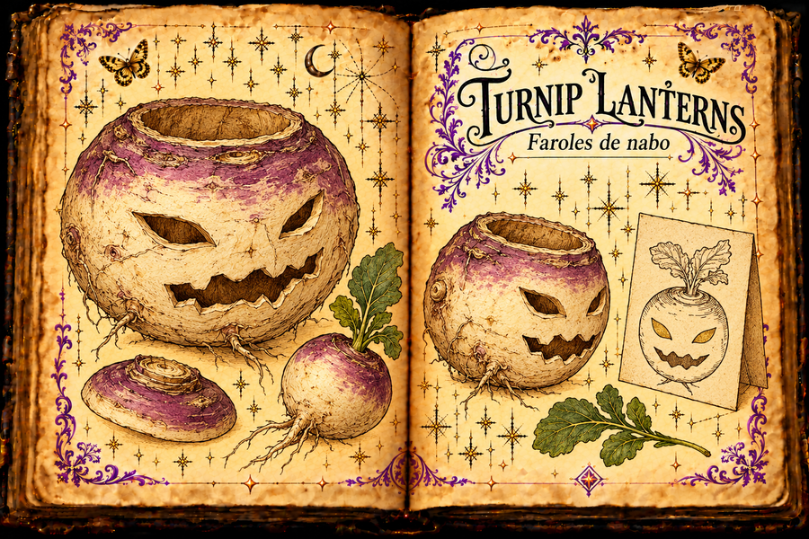 Open parchment grimoire titled Turnip Lanterns and Faroles de nabo, showing pale purple-topped turnip lanterns, a whole root and a folded paper lantern card.