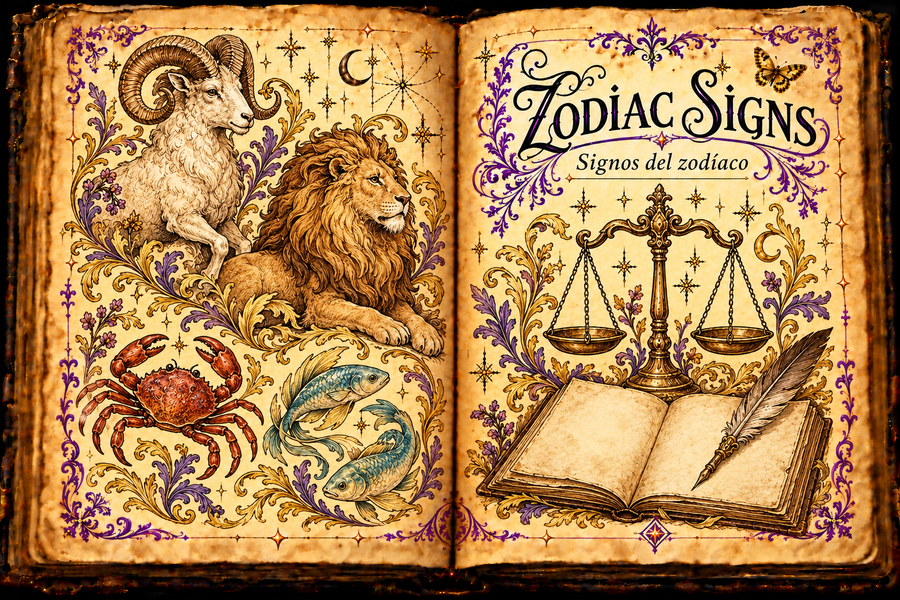 Open parchment grimoire titled Zodiac Signs and Signos del zodíaco, with a ram, lion, crab, two fish, balance scales and a blank notebook framed by purple flourishes and gold butterflies.