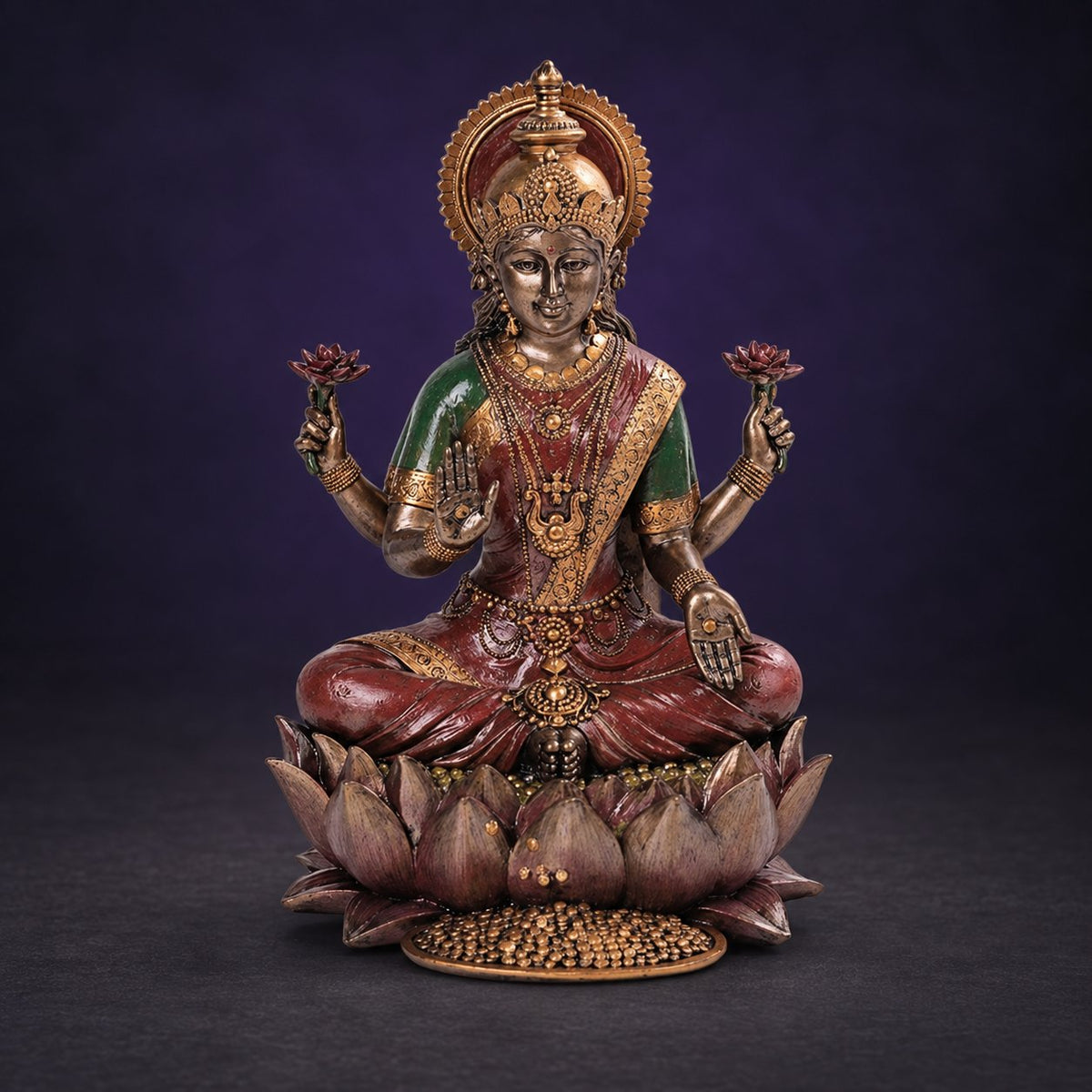 Lakshmi against a charcoal and royal purple background.