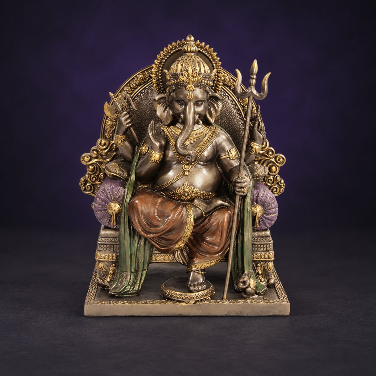 Ganesha on Throne against a charcoal and royal purple background.