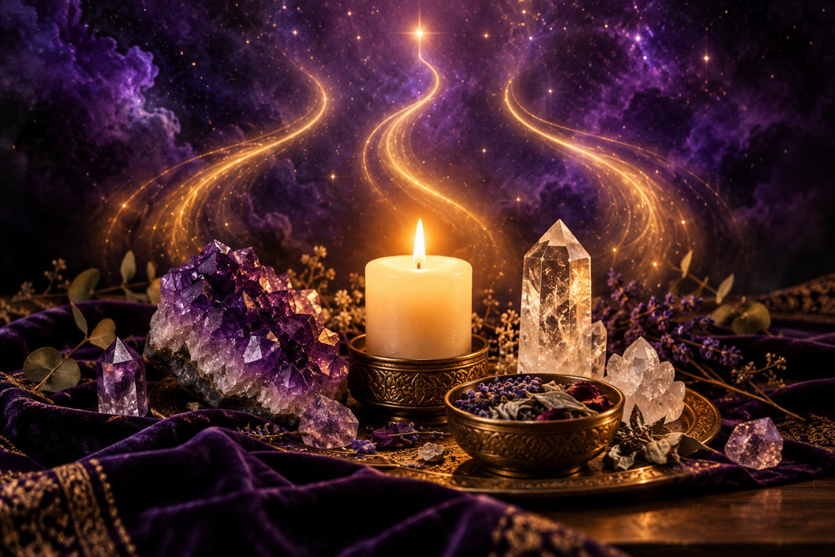 Illustrative candle, amethyst and clear quartz on royal purple velvet with golden light; Discover Your Spirit Guide at Touch of Magick.