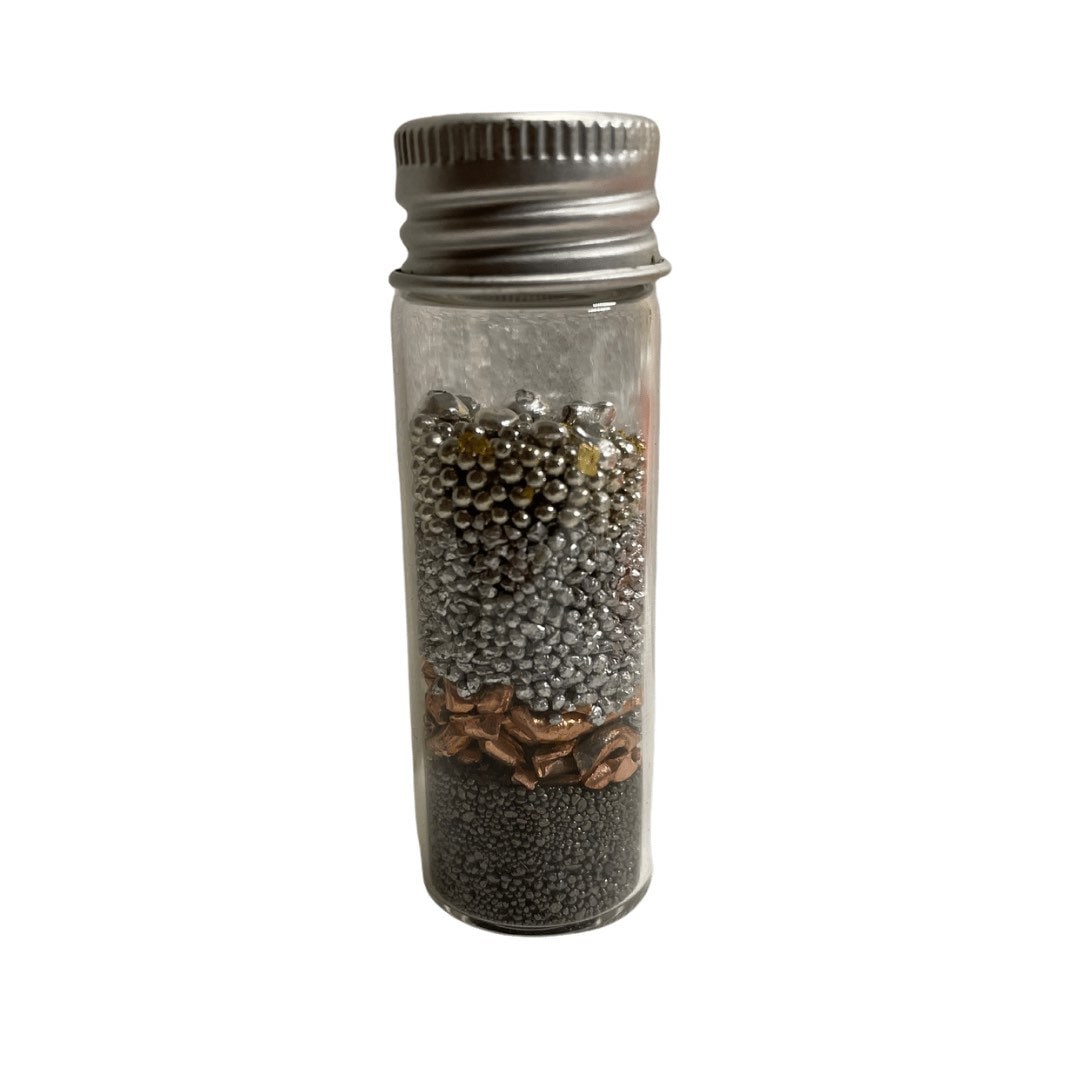 7 Pure Metals in Glass Bottle | Gold, Silver, Tin, Aluminum, Nickel, Copper, Iron | Amulet for Good Luck | Spiritual Charge | Santeria |