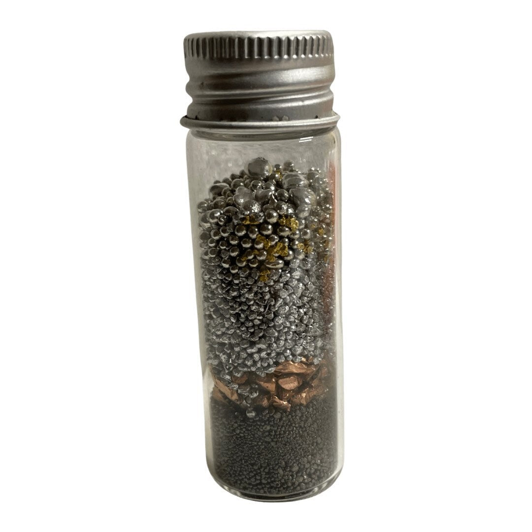 7 Pure Metals in Glass Bottle | Gold, Silver, Tin, Aluminum, Nickel, Copper, Iron | Amulet for Good Luck | Spiritual Charge | Santeria |