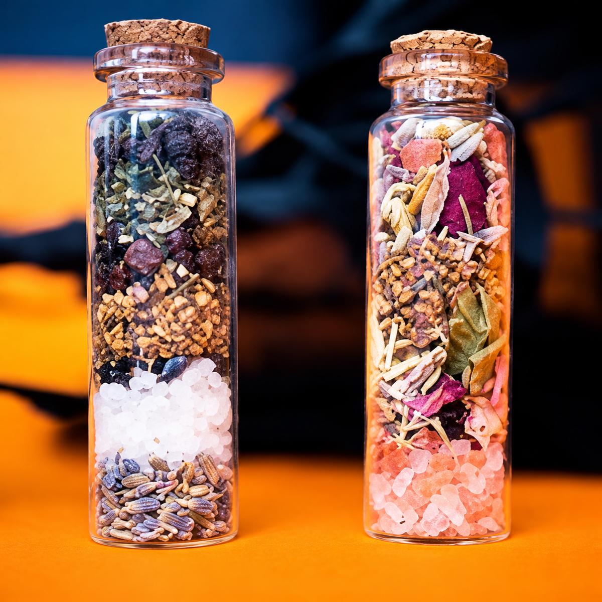 Spell bottle use example: two corked bottles filled with ingredients. Bottles are sold empty.