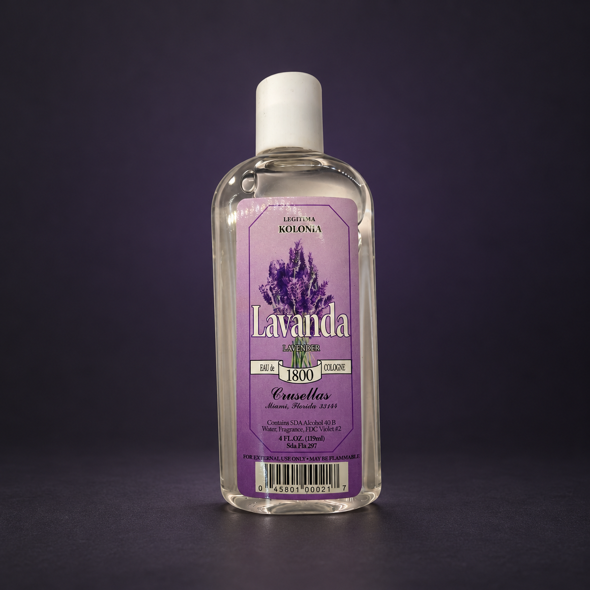 Kolonia 1800 Lavanda four-ounce bottle on a matte charcoal and subtle royal purple background.