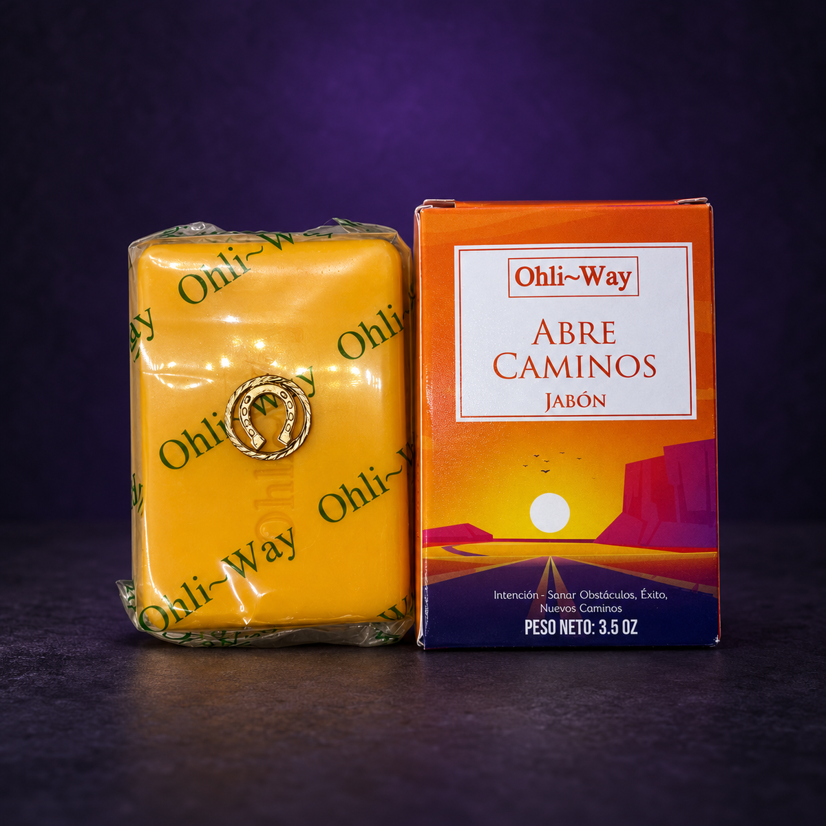 Ohli-Way Road Opener soap and box on matte charcoal and deep royal-purple background.