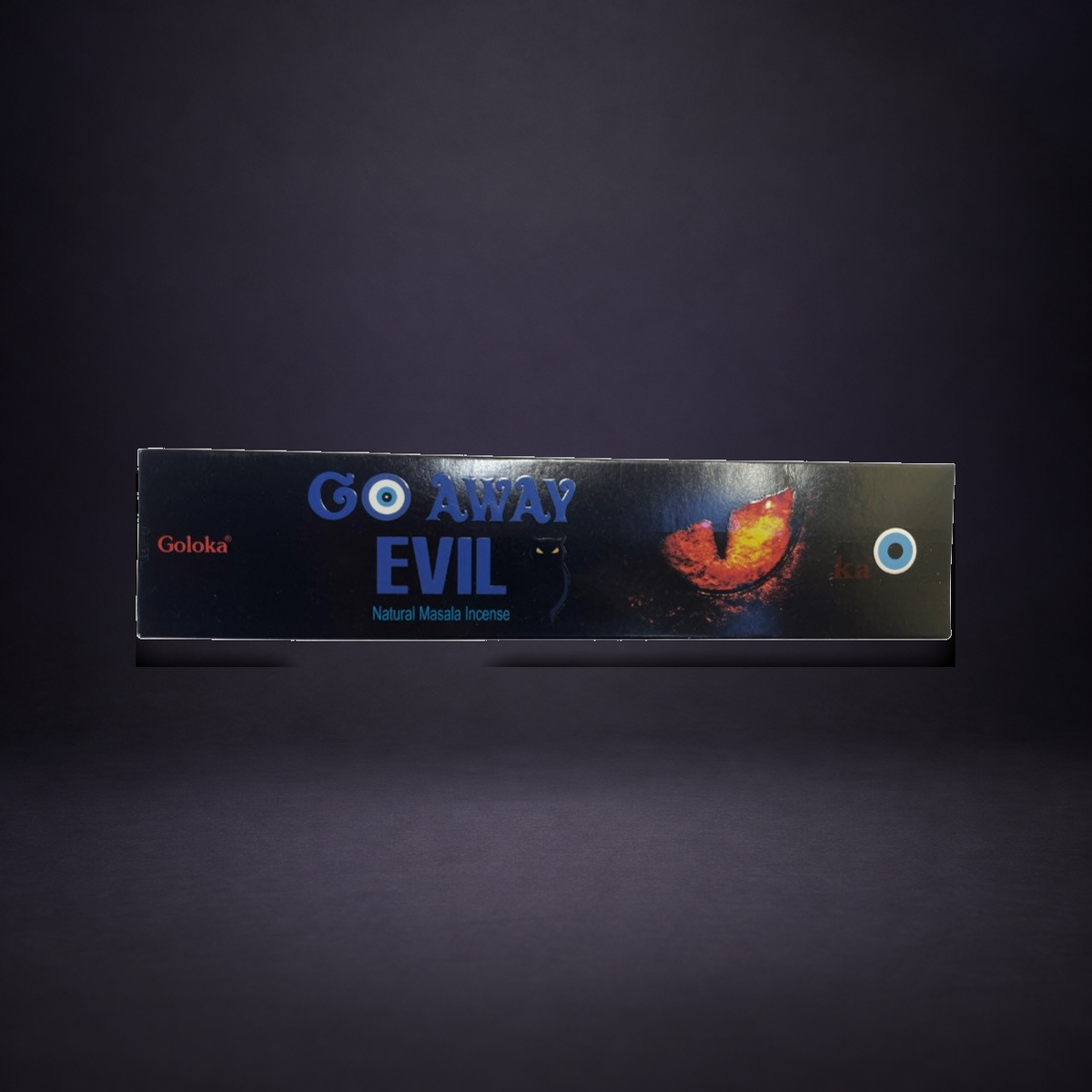 Go Away Evil Goloka incense package on a matte charcoal and subtle royal-purple background.