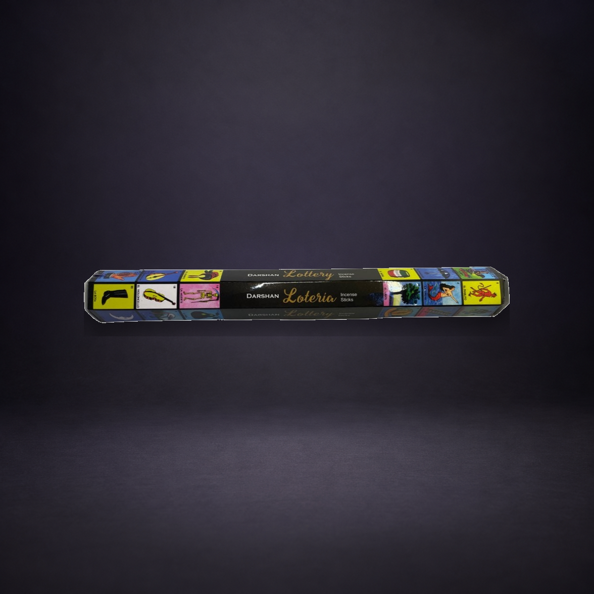 Lottery Loteria Darshan incense carton on a matte charcoal and subtle royal-purple background.