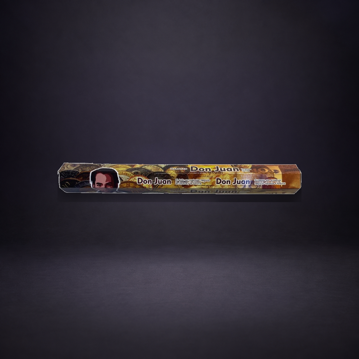 Don Juan incense carton on a matte charcoal and subtle royal-purple background.