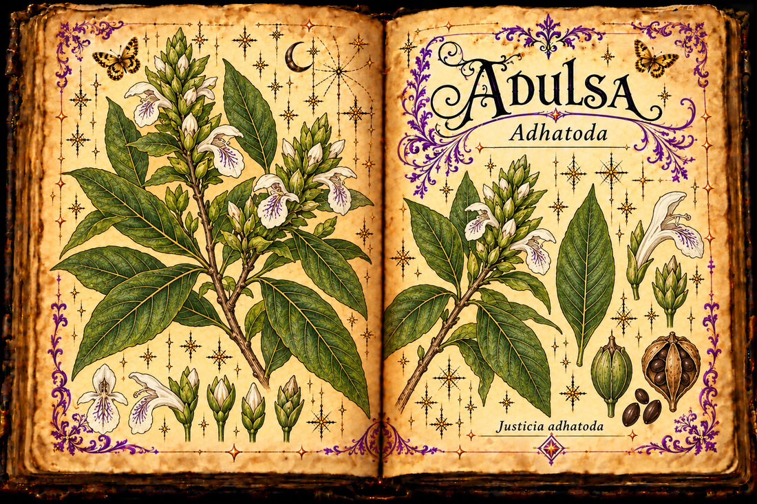 Open aged-parchment grimoire showing Adulsa branches, opposite pointed leaves, white purple-veined flowers and capsule studies; English Adulsa and Spanish Adhatoda titles.