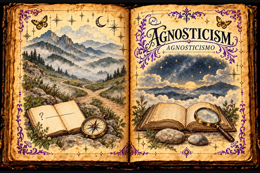 Open aged-parchment grimoire titled Agnosticism and Agnosticismo, with misty mountains, a branching path, open books, compass, magnifying glass, purple flourishes and gold butterflies.