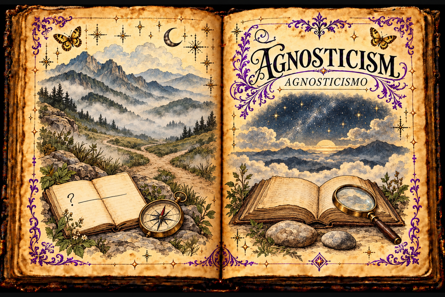 Open aged-parchment grimoire titled Agnosticism and Agnosticismo, with misty mountains, a branching path, open books, compass, magnifying glass, purple flourishes and gold butterflies.