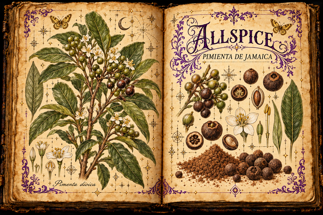 Open aged-parchment grimoire with hand-drawn Pimenta dioica branches, white flowers, green and brown berries, ground allspice, purple flourishes, and gold butterflies, titled Allspice and Pimienta de Jamaica