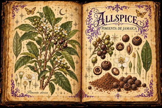 Open aged-parchment grimoire with hand-drawn Pimenta dioica branches, white flowers, green and brown berries, ground allspice, purple flourishes, and gold butterflies, titled Allspice and Pimienta de Jamaica