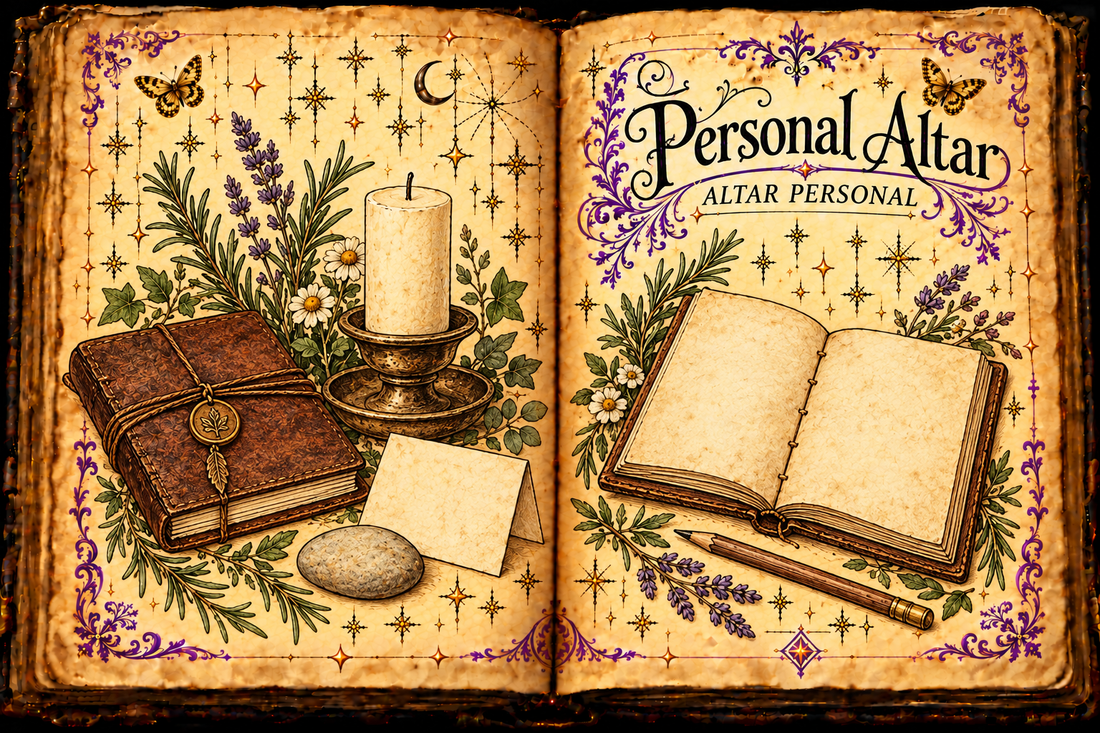 Open aged-parchment grimoire titled Personal Altar / Altar Personal, with illustrated journals, an unlit candle, a pebble, purple flourishes and gold butterflies.