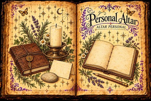 Open aged-parchment grimoire titled Personal Altar / Altar Personal, with illustrated journals, an unlit candle, a pebble, purple flourishes and gold butterflies.