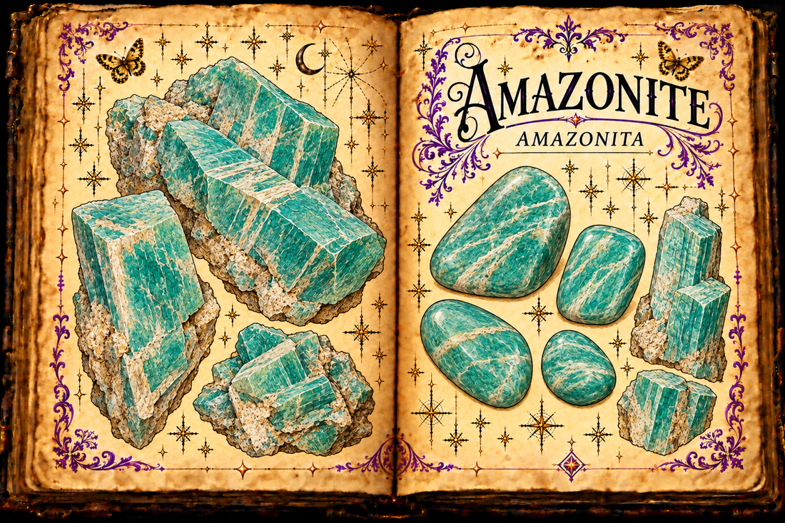 Amazonite (Amazonita) shown as rough microcline and tumbled stones in an aged open-grimoire illustration.