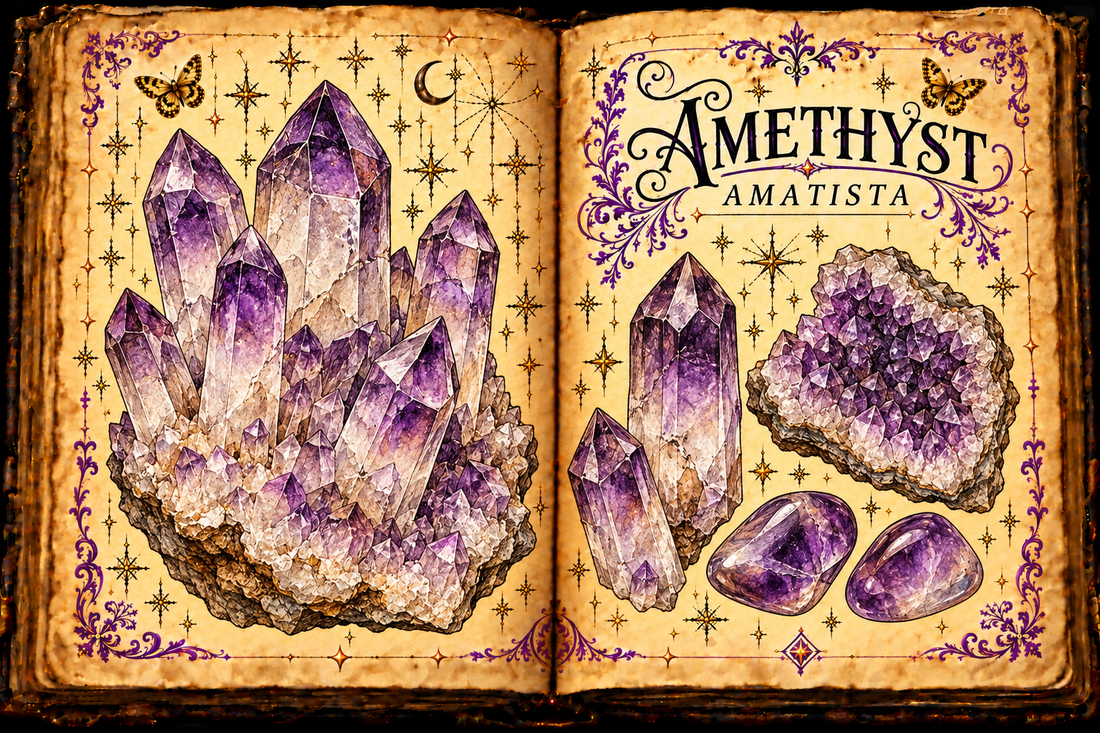 Open aged-parchment grimoire with ink-and-watercolor studies of purple amethyst quartz crystals, a geode and tumbled stones, titled Amethyst and Amatista.