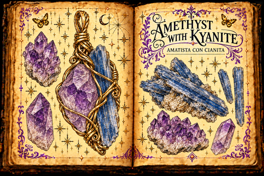 Open aged-parchment grimoire with ink and watercolor studies of purple amethyst, blue kyanite, and a gold-wire pendant, titled Amethyst with Kyanite and Amatista con Cianita.