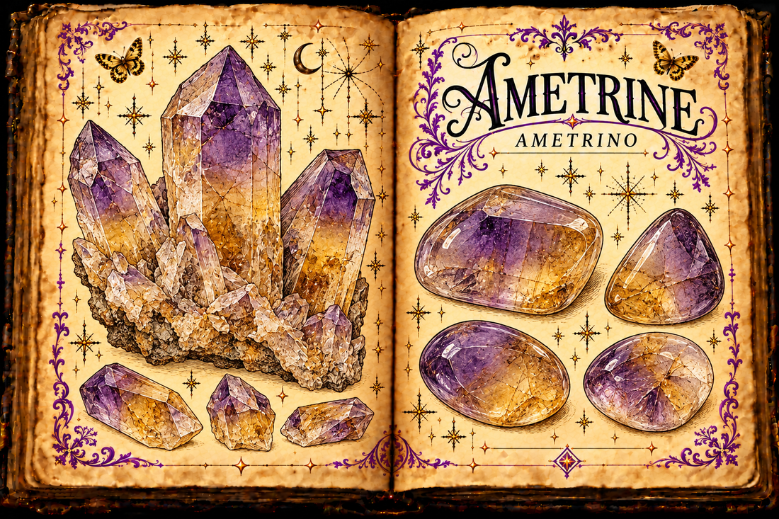 Ametrine (Ametrino) shown as purple-and-gold bicolor quartz crystals and tumbled stones in an aged open-grimoire illustration.