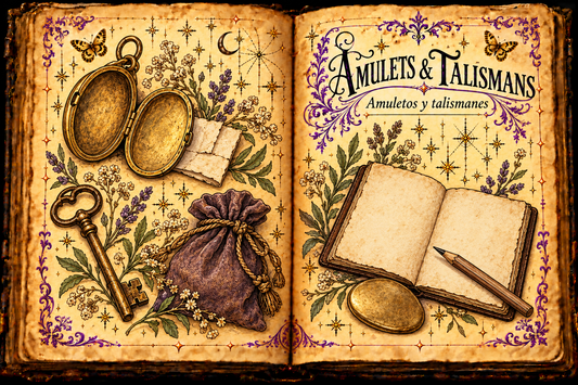 Open aged-parchment grimoire titled Amulets & Talismans / Amuletos y talismanes, with a plain locket, folded paper, key, pouch and notebook.