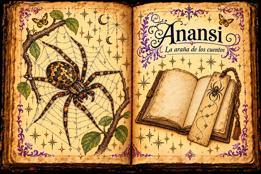Open aged-parchment grimoire with an eight-legged spider in a web, a storybook and spider bookmark, titled Anansi and La araña de los cuentos, with purple flourishes and gold butterflies.
