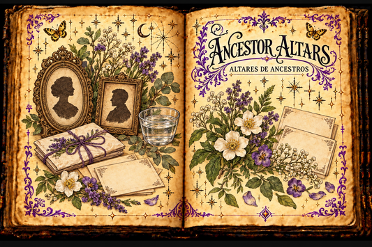 Open aged-parchment grimoire illustration for Ancestor Altars / Altares de Ancestros, with framed silhouette portraits, memory cards, flowers, a folded letter, water, purple flourishes, and gold butterflies