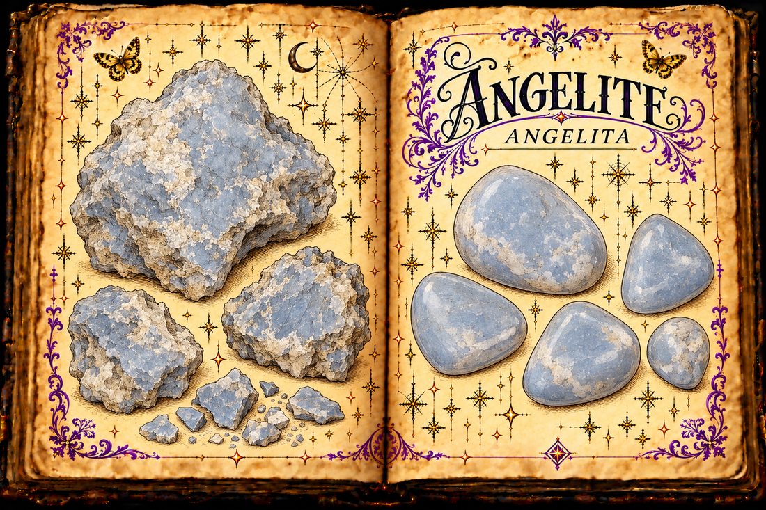 Angelite (Angelita) shown as pale blue anhydrite rough pieces and tumbled stones in an aged open-grimoire illustration.