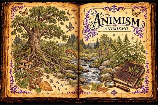 Open aged-parchment grimoire titled Animism and Animismo, with a tree, stream, stones, mushrooms, wildlife tracks, field notebook and hand lens in ink and watercolor.