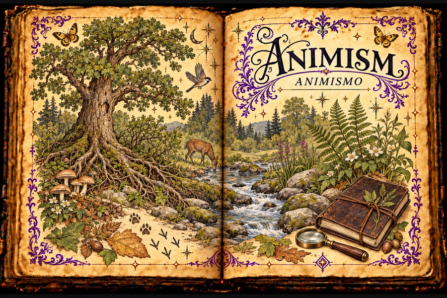 Open aged-parchment grimoire titled Animism and Animismo, with a tree, stream, stones, mushrooms, wildlife tracks, field notebook and hand lens in ink and watercolor.