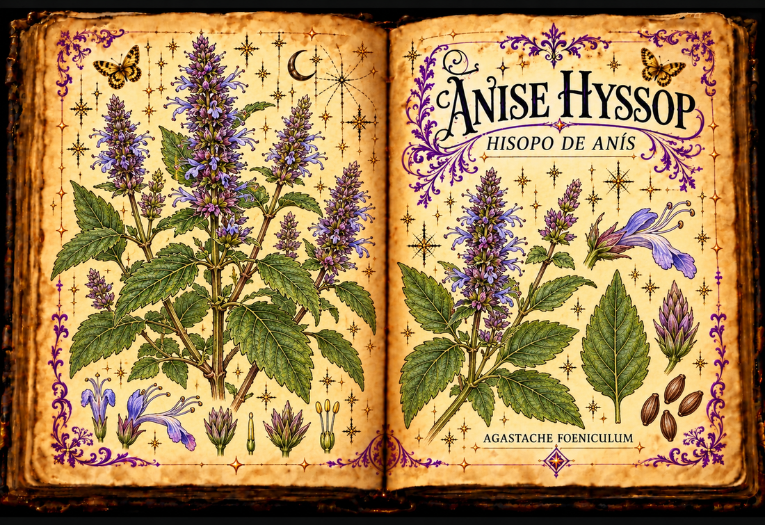 Open aged-parchment grimoire with hand-drawn Agastache foeniculum stems, toothed leaves, lavender flower spikes, purple flourishes and gold butterflies, titled Anise Hyssop and Hisopo de Anís