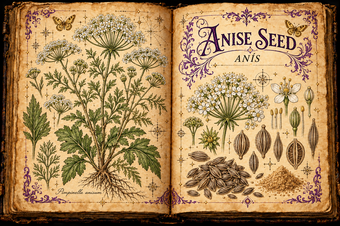 Open aged-parchment grimoire with hand-drawn Pimpinella anisum, white flower umbels, leaf forms, ribbed fruits and powder, purple flourishes, and gold butterflies, titled Anise Seed and Anís