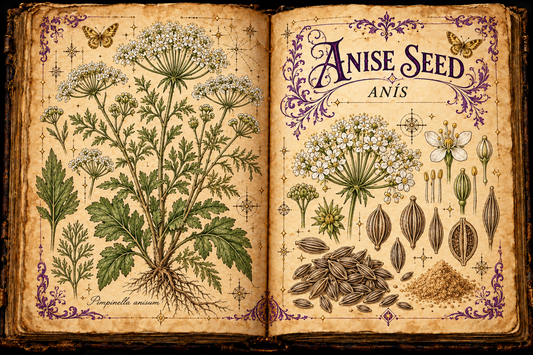 Open aged-parchment grimoire with hand-drawn Pimpinella anisum, white flower umbels, leaf forms, ribbed fruits and powder, purple flourishes, and gold butterflies, titled Anise Seed and Anís