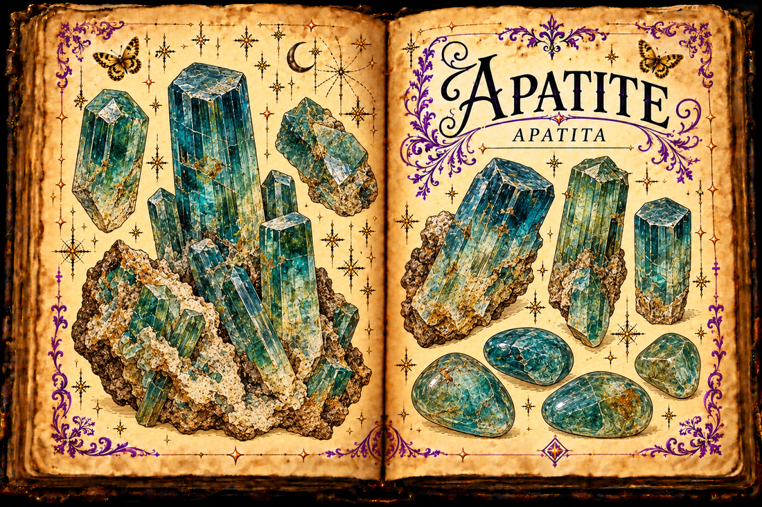 Apatite (Apatita) shown as blue-green apatite-group prisms and tumbled stones in an aged open-grimoire illustration.