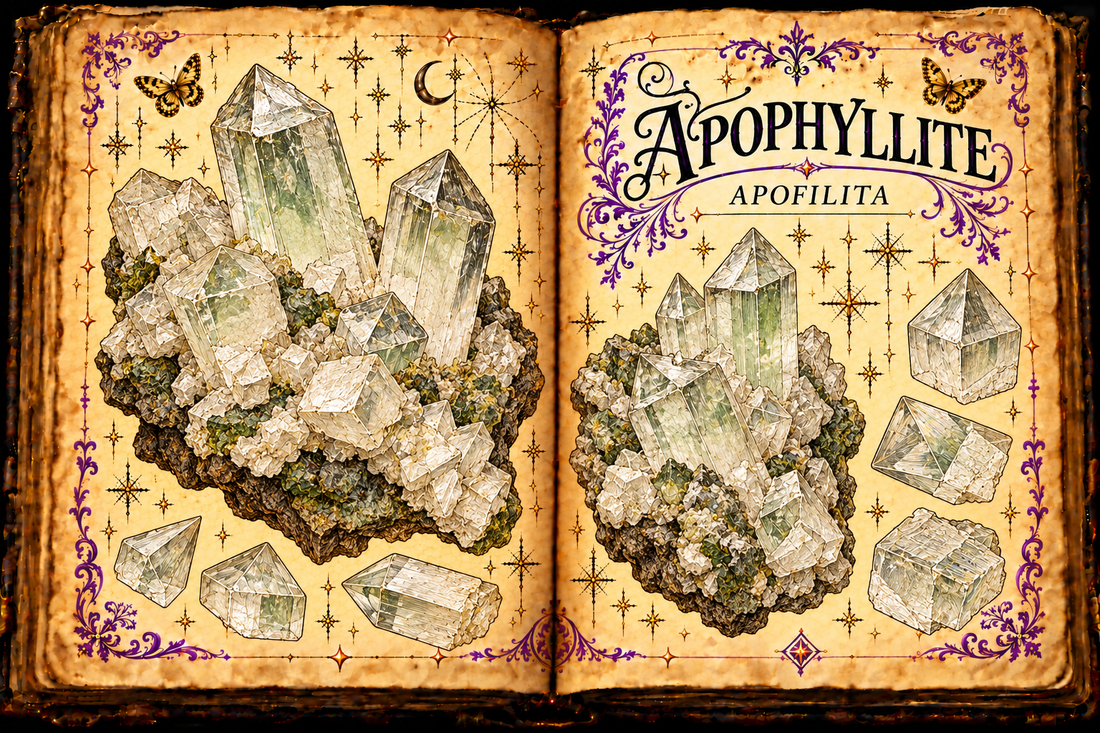 Apophyllite (Apofilita) shown as colorless to pale green apophyllite-group crystals and loose tips in an aged open-grimoire illustration.